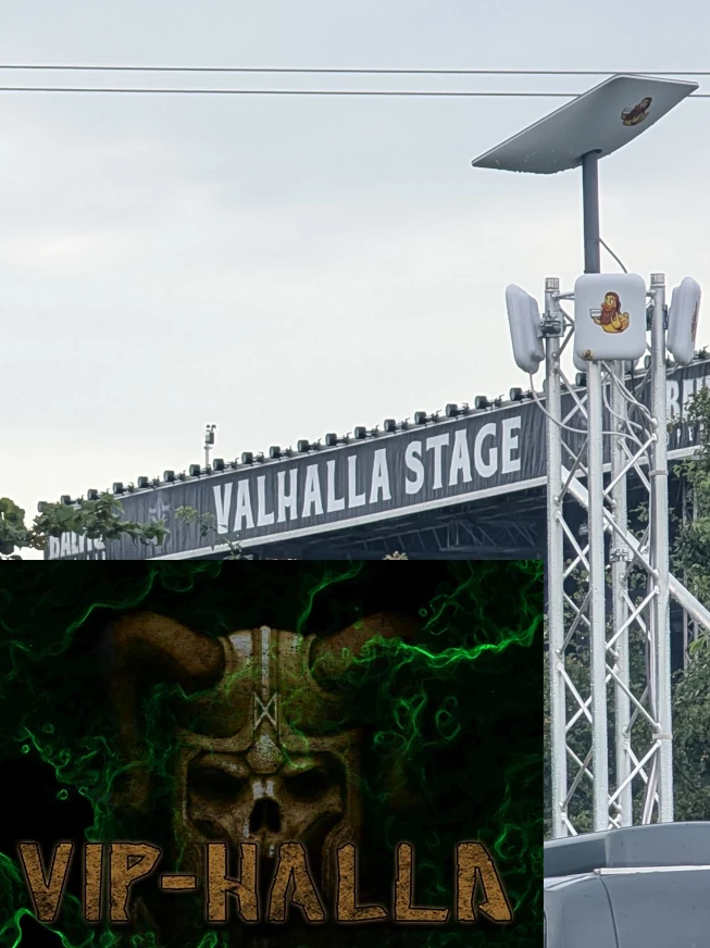 Foto der Valhalla Stage beim Baltic Open Air mit WLAN-Funkmast im Vordergrund und eingefügtem VIP-HALLA 2026 Artwork