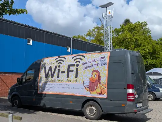 Funkwagen mit aufgebautem Antennenmast welche eine Satelliten- und drei WLAN-Antennen trägt