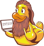 Logo der Entson GmbH, zeigt eine Ente mit Bart und langen Haaren welche ein Notebook trägt.